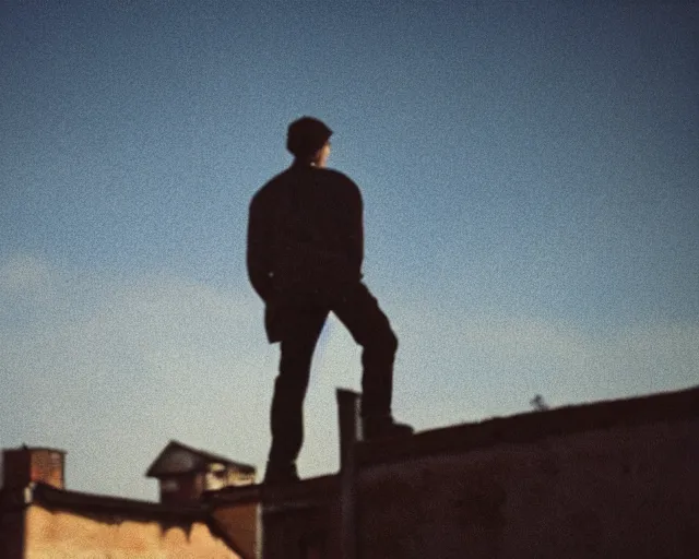 Image similar to lomo photo of man standing on the roof of soviet hrushevka, small town, cinestill, bokeh, out of focus