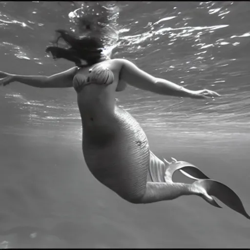 Prompt: Mermaid caught on footage, lost footage, blurry and noisy, under water