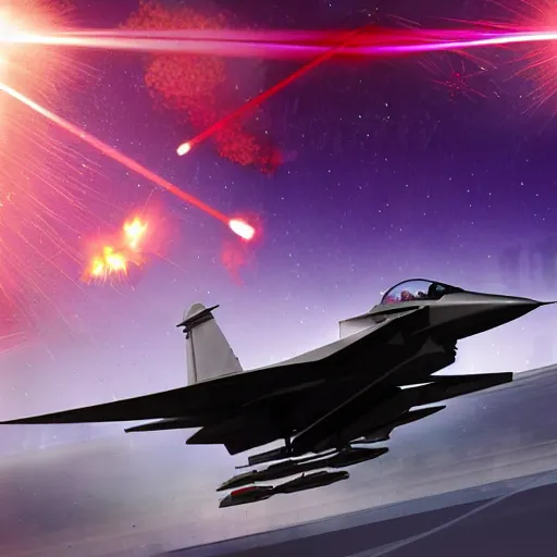 Image similar to cinematic areal shot of a fighter jet exploding from the laser energy wawe concept art