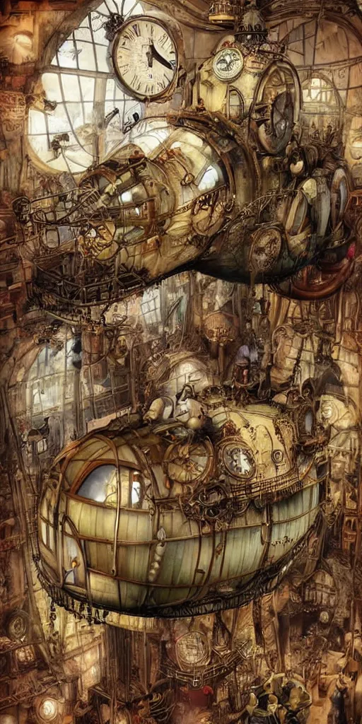 Image similar to a vintage steampunk living airship by alexander jansson and where's waldo and leonardo da vinci