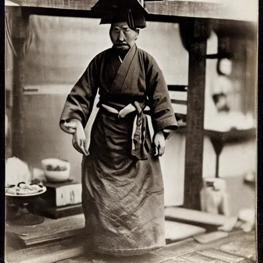 Prompt: Portrait of a 19th century Japanese gyuto trader at a Kyoto street market, 1900s photography