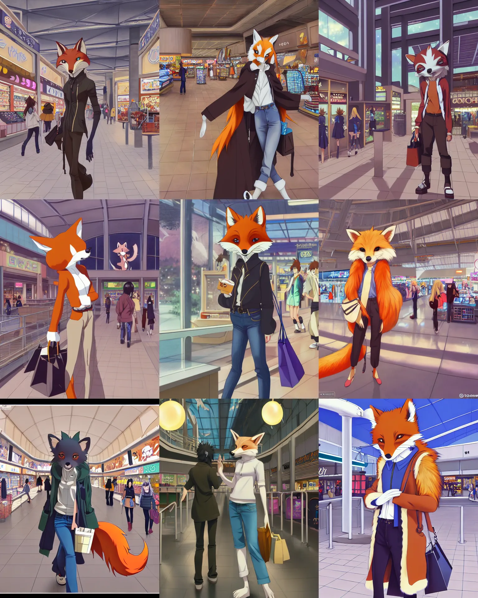 Prompt: anthro art commission of a cute attractive stylish anthropomorphic natural furry fox person shopping at a futuristic mall, photorealistic, detailed key anime art, makoto shinkai, james gurney, don bluth, disney, hibbary, dark natasha, goldenwolf, furaffinity, fursona, greg rutkowski