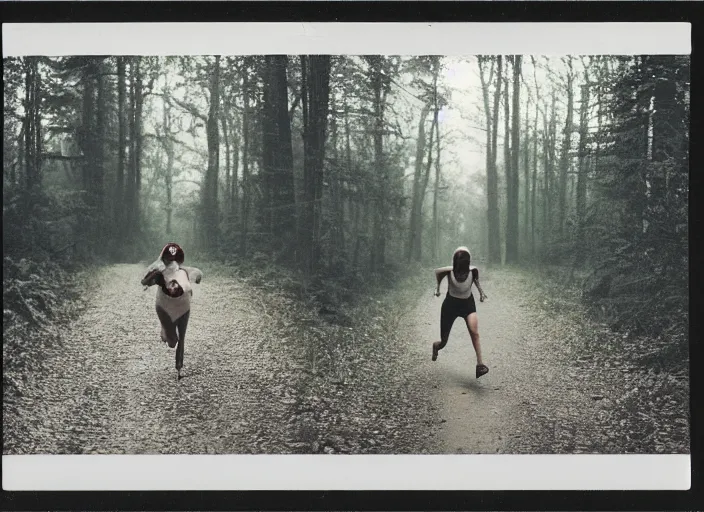 Image similar to medium shot, a young woman running towards the camera, a demon hound is chasing her, woods, polaroid photo, vintage, neutral colors, by gregory crewdson