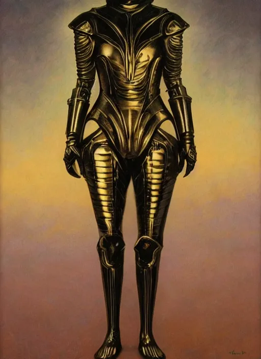 Image similar to full body portrait of beautiful gothic and futuristic fashion model, elegant space armour, cyber armour, highly detailed, artstation, illustration, composition, 8 k quality, art by jean delville, rene magritte, hyperrealism oil painting