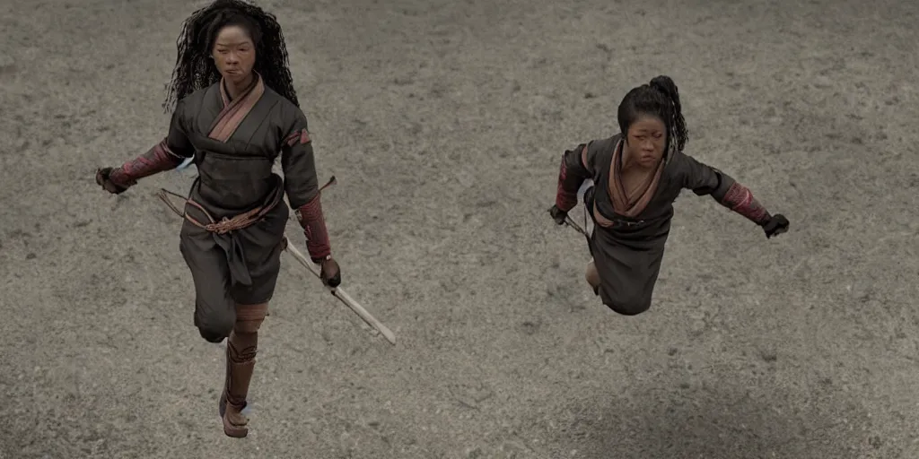 Image similar to a film still of a black woman starring in a japanese blockbuster film as ancient samurai, levitating mid air, intense, shallow depth of field, cinematic, award winning cgi, vfx, film still
