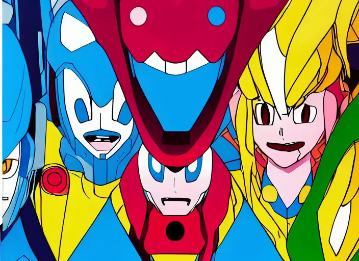 Prompt: 3 rows of 3 framed closeup colorful anime face portraits of cute evil robots from mega man, inspired by osamu tezuka, with a futuristic robotic background.