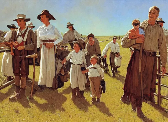 Image similar to mormon pioneers by norman rockwell, highly detailed