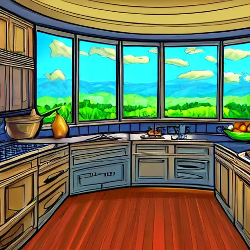 Image similar to kitchen, with cabinets in background, sunrise, large round window, digital art, cartoon