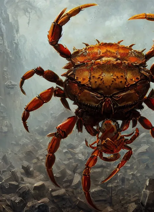 Prompt: Oil painting of a crab monster, portrait, D&D, Magic The Gathering, by Craig Mullins, Nekro, Victo Ngai, centered, symmetrical, 8k, sharp focus