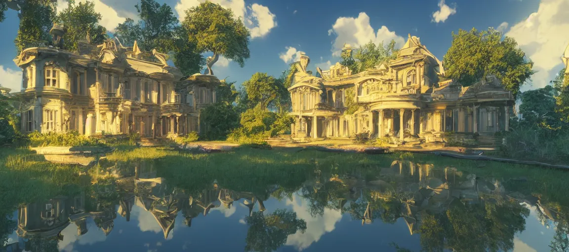 Image similar to an abandoned mansion on a humongous luminescent crystal biome by pixar, smooth, cinematic, wet reflections, ray tracing x, rtx, smooth