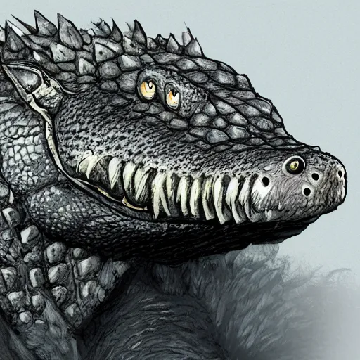 Prompt: Fur covered crocodile with a wolve's head, concept art, photoshop artwork, highly detailed