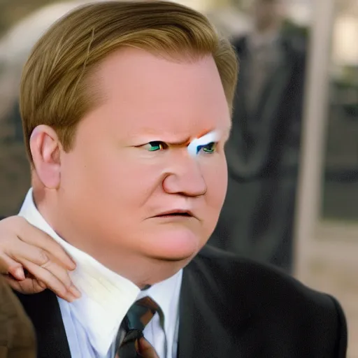 Image similar to Andy Richter wearing a brown suit and necktie kneeling on the ground on both knees with a pleading look on his face.