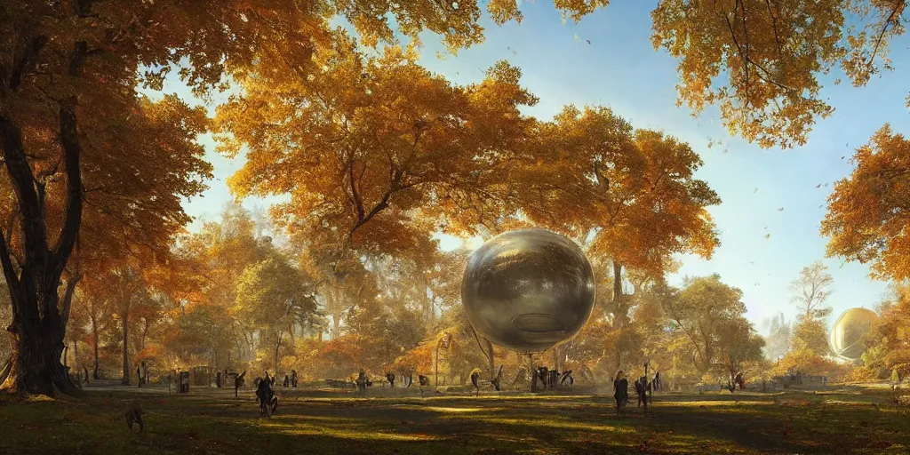 Image similar to a woodland city and park with a glorious spherical sci-fi building at its centre, bright and sunny day, autumn, Greg Rutkowski and Ivan Shishkin