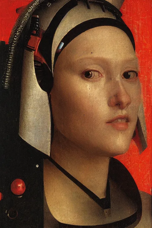 Image similar to a close - up portrait of a cyberpunk cyborg girl, by jan van eyck, rule of thirds