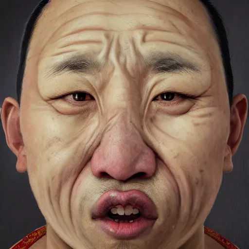 Image similar to face portrait of chinese uyghur muslim prisoner and melting wax, wearing victorian rags, elite, disfigured, drooling, moist, unnatural movement, they are unhappy, bizzaro, baroque, renaissance, by emedios varo and anato finnstark and fenghua zhong, hyperrealism, 8 k, 3 d, masterpiece, texture