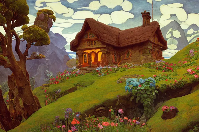 Prompt: the enchanted cottage and gardens of a wise woman on a mountaintop, dramatic cinematic lighting, folk-art carved painted wood house, rich colors, by Nicholas Roerich and William Dyce and ford madox brown and April Gornik and Caspar David Friedrich and Diego Rivera and Tyler Edlin and Ivan Bilibin, featured on artstation