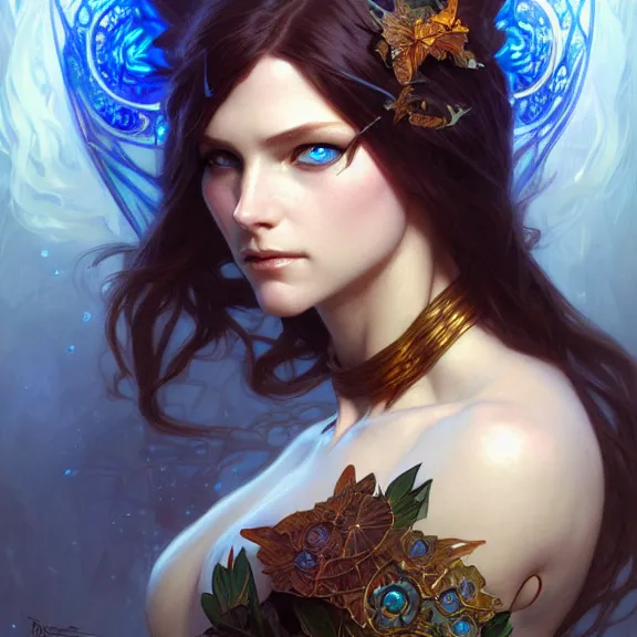 Image similar to Portrait of fairy woman, D&D, blue eyes, face, fantasy, intricate, elegant, highly detailed, digital painting, artstation, concept art, smooth, sharp focus, illustration, art by artgerm and greg rutkowski and alphonse mucha