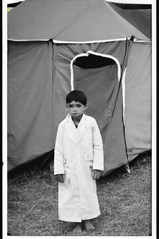 Image similar to photo polaroid of a sad and lonely child in a white coat and barefoot stands in the middle many big tents of field hospitals, pandemic, covid, loneliness, black and white ,photorealistic, 35mm film,