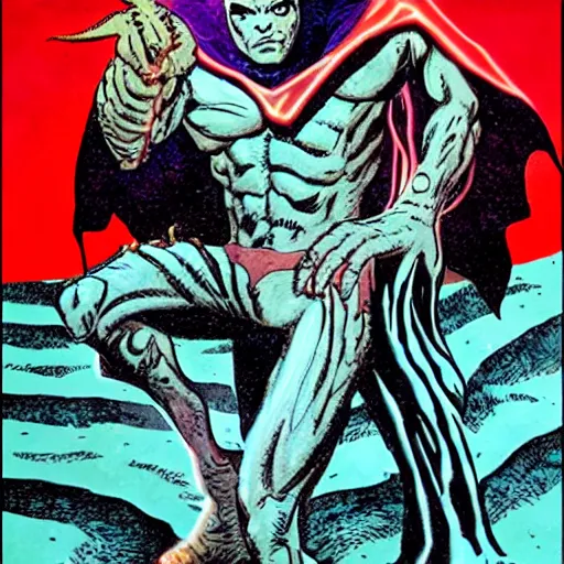 Image similar to sandman from DC comics, standing in hell facing lucifer, in the style of Jack kirby