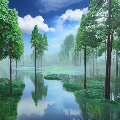 Image similar to a painting of a landscape with trees and a body of water, a detailed matte painting by Stanley Twardowicz, featured on polycount, ecological art, rendered in unreal engine, matte painting, unreal engine 5