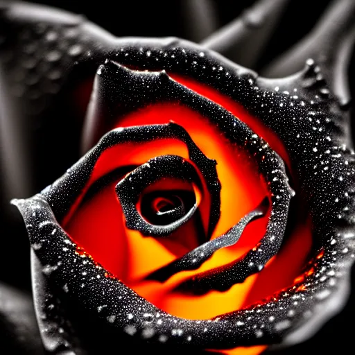 Image similar to award - winning macro of a beautiful black rose made of glowing molten magma