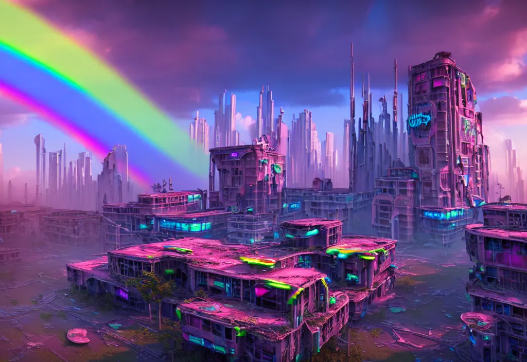 Image similar to A highly detailed crisp unreal engine render of aerial drone photo of A beautiful futuristic cyberpunk abandoned city building with neon, plants, perfect well made rainbow on the sky, sunlight breaking through clouds, debris on the ground, abandoned machines bright warm colors by wangchen-cg, 王琛,Neil blevins, artstation