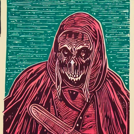 Image similar to 3 colour lino cut print of grimace slaying Dracula