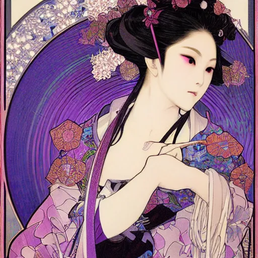 Prompt: a portrait of japanese goddess of blood, gothic kimono purple and black!!!, blue eyes!, masterpiece, by loish and alphonse mucha