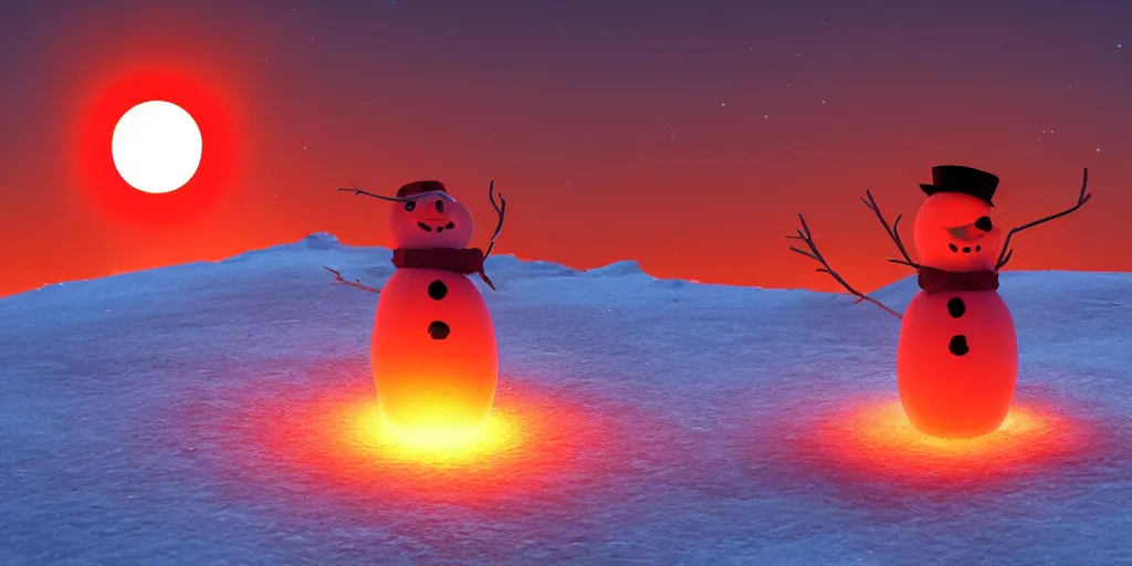 Image similar to a melting snowman standing on top of the sun. the ground is made of fire and lava and is glowing orange. cinematic, dramatic, epic, volumetric lighting, atmospheric, red, orange extremely coherent, 8 k, space