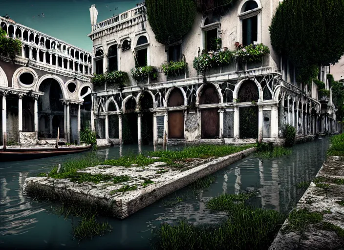 Image similar to overgrown venice in ruins, highly detailed, 4 k, hdr, award - winning, octane render, artstation