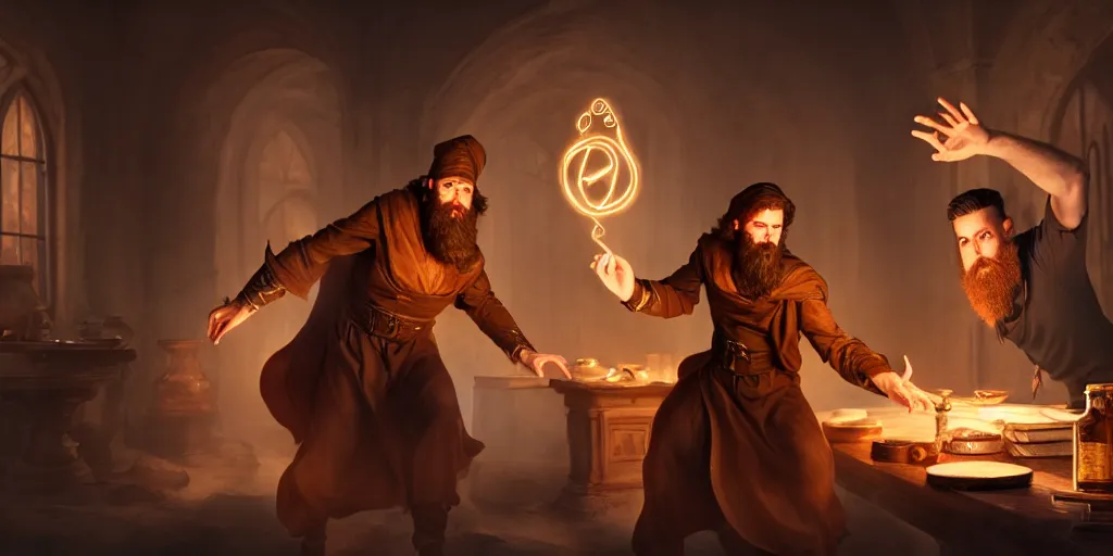Image similar to a handsome bearded caucasian male sorcerer with brown hair, he is in a alchemist lab, casting a spell on a potion, action pose, digital art, photoreal, 4 k, unreal engine