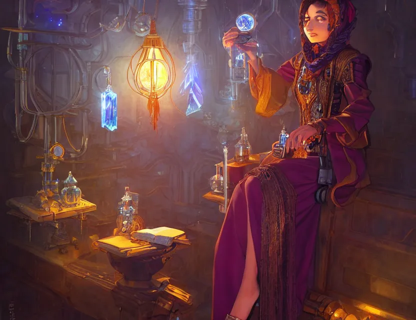 Prompt: middle eastern scifi alchemist in a well - lit study with crystals, wearing a lovely dress with steampunk elements. this oil painting by the award - winning mangaka has an interesting color scheme and impeccable lighting.