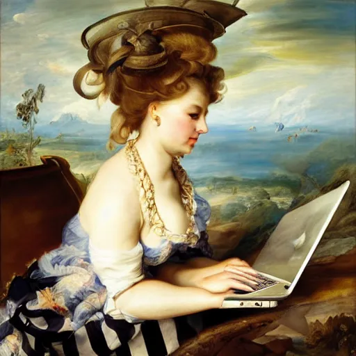 Image similar to heavenly summer sharp land sphere scallop well dressed lady working on her laptop auslese, by peter paul rubens and eugene delacroix and karol bak, hyperrealism, digital illustration, fauvist, looking at her imac laptop