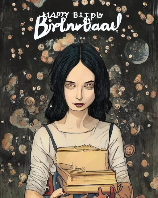 Image similar to happy birthday postcard to black haired girl in a style of Neil Gaiman book , trending on artstation, 8k, highly detailed