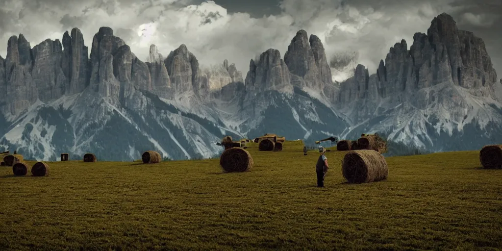 Image similar to alpine farmers turning into hay and root monsters, old pastures, dolomites in background, dark, eerie, despair, portrait photography, artstation, highly detailed, sharp focus, by cronneberg