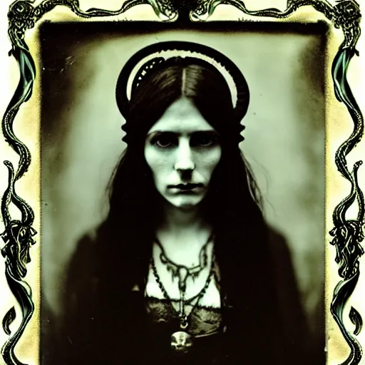 Prompt: beautiful woman with tentacles for hair wearing occult jewelry. daugerreotype of cthulhu high priestess. ambrotype of occult priestess. tintype of a beautiful woman. priestess of dagon. cursed priestess. daugerreotype. baroque frame. cursed priestess of dagon. woman with tentacles. daguerreotype
