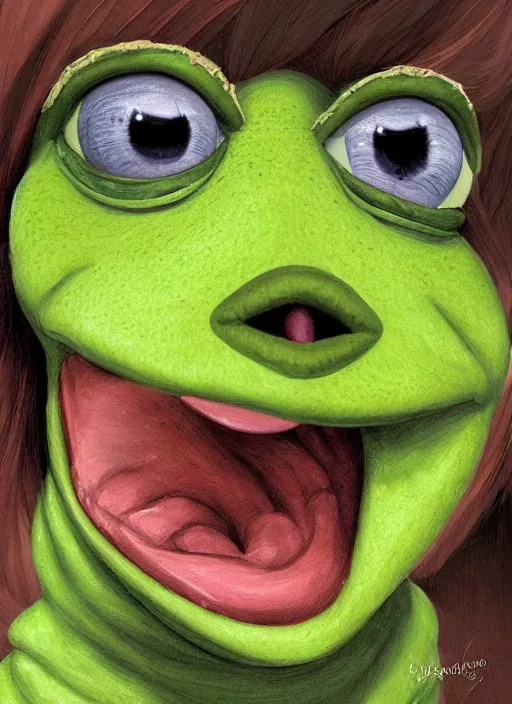 Image similar to portrait of a screaming kermit the frog in eternal sunshine of the spotless mind ( 2 0 0 4 ), highly detailed, centered, solid color background, digital painting, artstation, concept art, smooth, sharp focus, illustration, artgerm, donato giancola, joseph christian leyendecker, les edwards, ed repka, wlop, artgerm