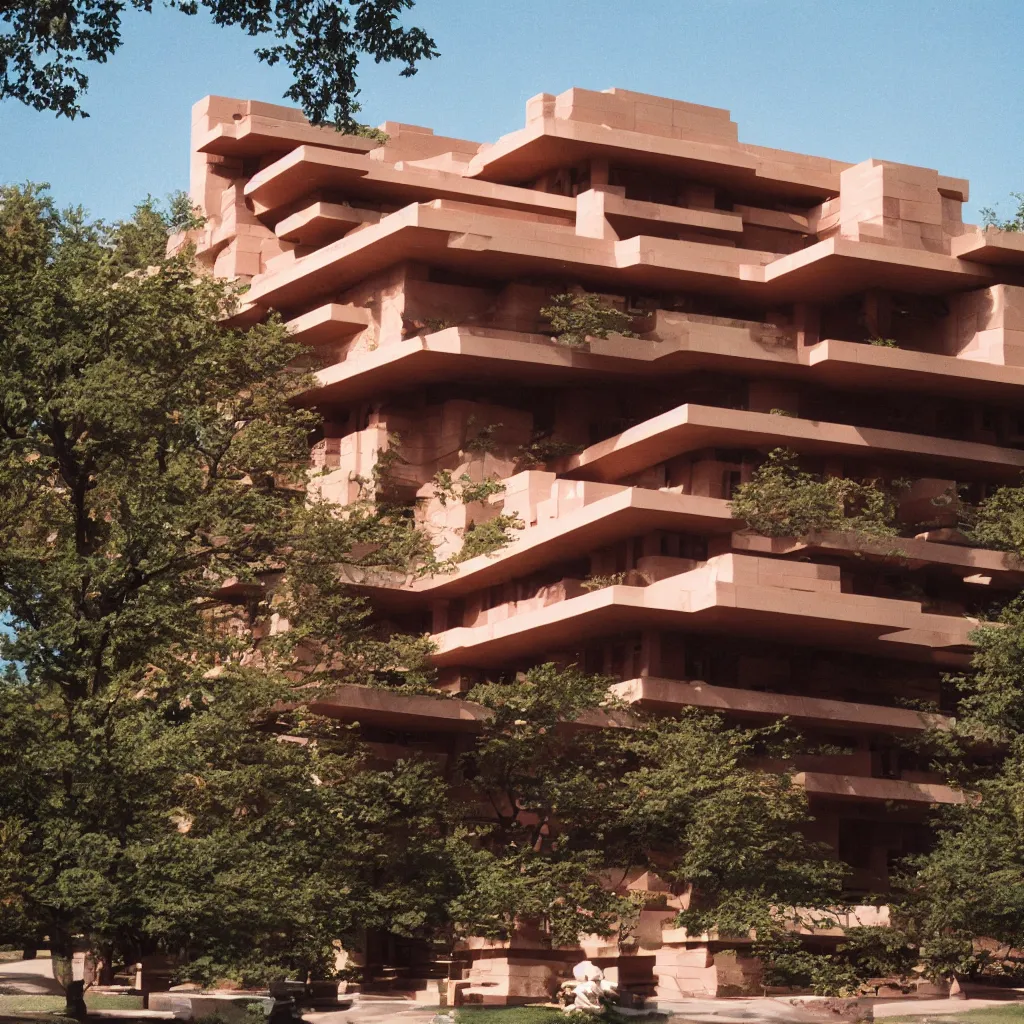Image similar to photo of a Frank Lloyd Wright building made of LEGO, 50mm, pentax, film