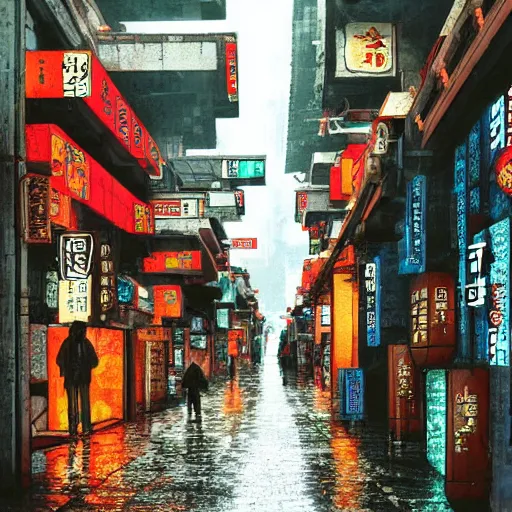 Prompt: cyberpunk ancient korean street, rainy day, digtal art