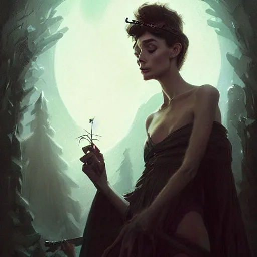 Image similar to a druid casting a spell in the dark of night, inspired by audrey hepburn and kristen ritter, surreal matte painting, detailed portrait, deviantart artstation, by peter mohrbacher, by greg rutkowski