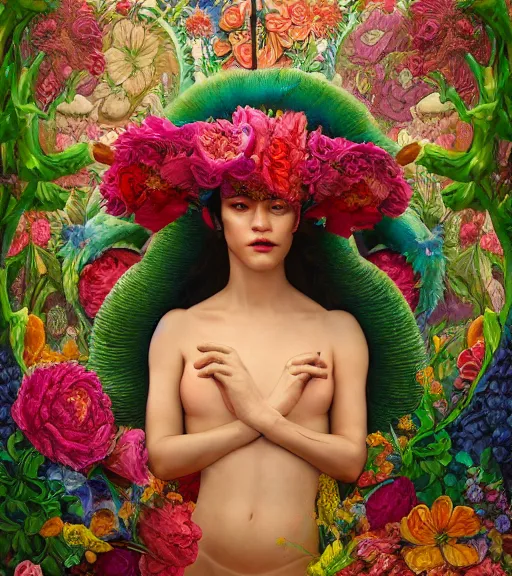 Image similar to portrait of quetzalcoatl, surrounded by flowers, by nan goldin, moebius, tom bagshaw, rococo, trending on artstation, muted lighting, hyper realism, octane render, 8 k, hyper detailed, ink by dave gibbons