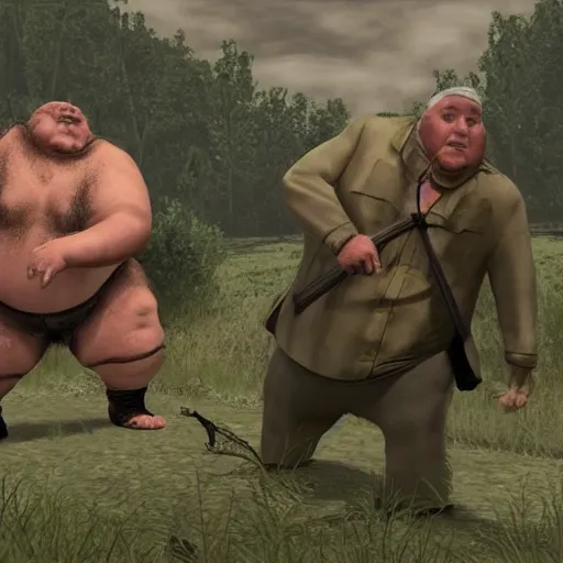 Image similar to ugly old fat man and his strong handsome friend hunting monsters