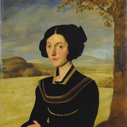 Prompt: young woman from the year 1 5 0 0, seated in front of a landscape background, her black hair is curly, she wears a dark green dress pleated in the front with yellow sleeves, puts her right hand on her left hand, and smiles slightly, oil painting