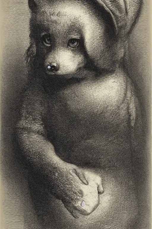 Image similar to portrait of Beanie Baby, Gustave Dore lithography