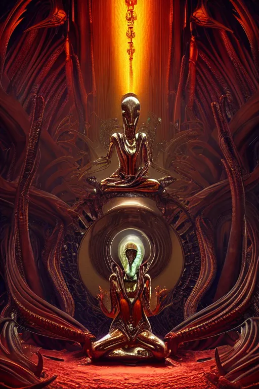 Prompt: masterpiece poster of glistening elegant queen empress xenomorph alien goddess meditating lotus position, inside ominous glowing alien temple shrine incubator. in the style of aliens, by denis villeneuve, weta workshop, james cameron, h. r. giger, beautiful octane render, extremely intricate, epic composition, cinematic lighting,, trending on artstation, cinematic dramatic atmosphere, matte painting