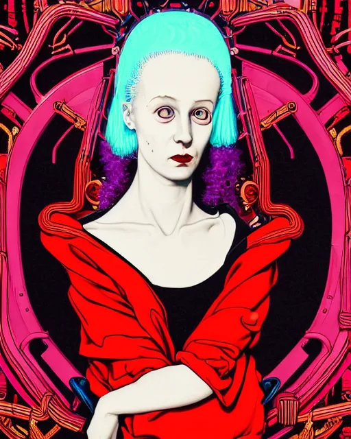 Prompt: portrait of a young pale woman with lilac hair, wearing a neon red dress by Vivienne Westwood, intricate details, cyberpunk, super-flat, in the style of James Jean, Bartholomäus the Elder, black background