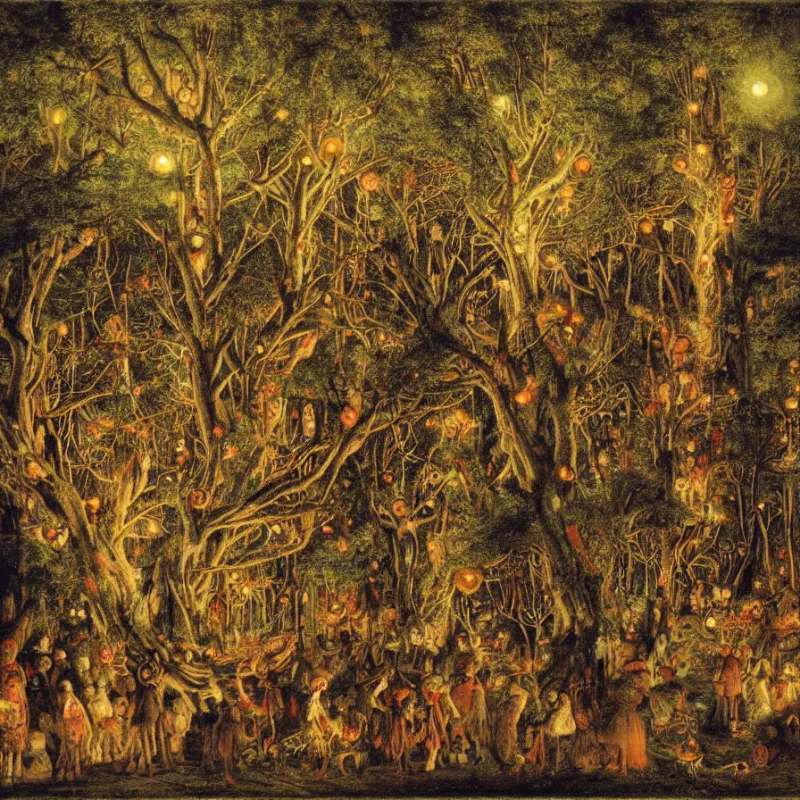 Image similar to a night carnival around a magical tree cavity, with a surreal orange moonlight and fireworks in the background, next to a lake with iridiscent water, christmas lights, folklore animals and people disguised as fantastic creatures in a magical forest by summer night, masterpiece painted by ford madox brown, dark night environment
