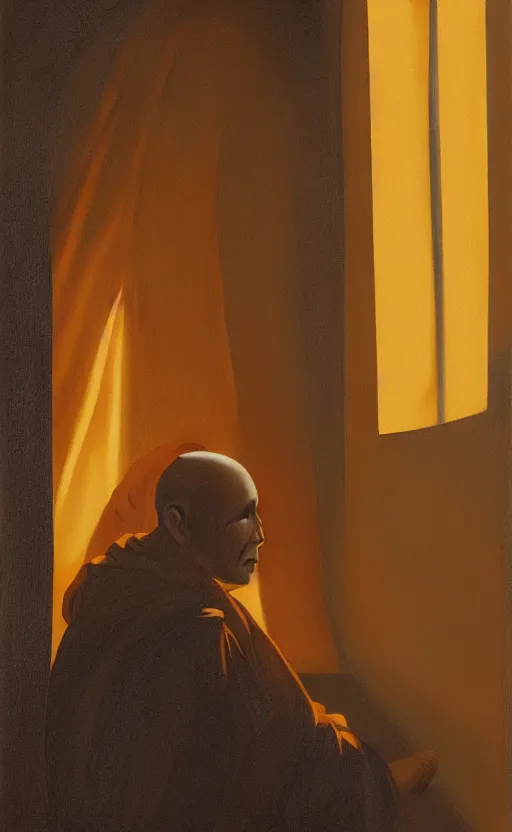 Image similar to portrait of a blind monk in a spaceship, looking out the window, orange robe, dramatic lighting, artstation, matte painting, johannes vermeer