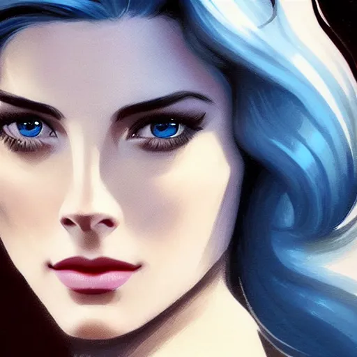 Image similar to Ashley Greene's face combined with Grace Kelly's face with blue hair as a Terran Marine from StarCraft, western, D&D, fantasy, intricate, elegant, highly detailed, digital painting, artstation, concept art, matte, sharp focus, illustration, art by Artgerm and Greg Rutkowski and Alphonse Mucha