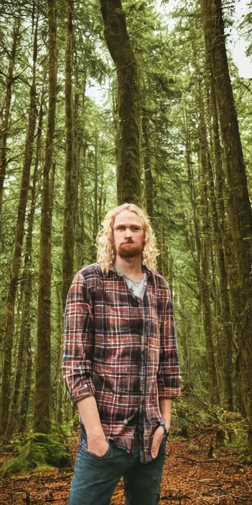 Image similar to tall!!! (((blond))) man wearing a flannel shirt in a forest, long wavy hair, long blond hair, blond, forest, trees, flannel shirt, lumbarjack, photo, low angle photo,